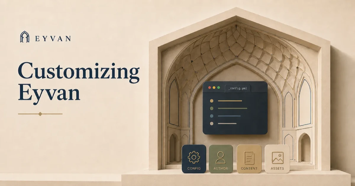 Minimalist illustration of an Iranian arch framing a code editor with configuration keys